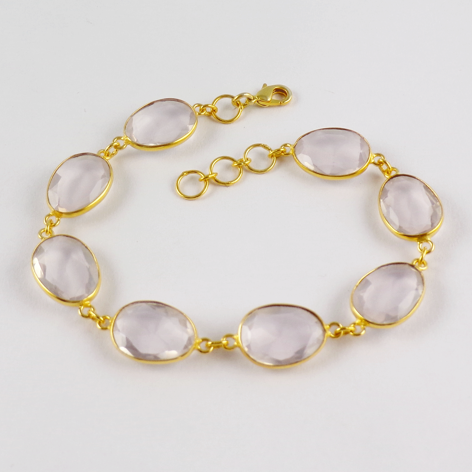 Elegant Rose Quartz Brass Bracelet Q - BZB999 18K Gold Plated Cut Oval Shape 10x14mm Bezel Setting Brass Bracelet